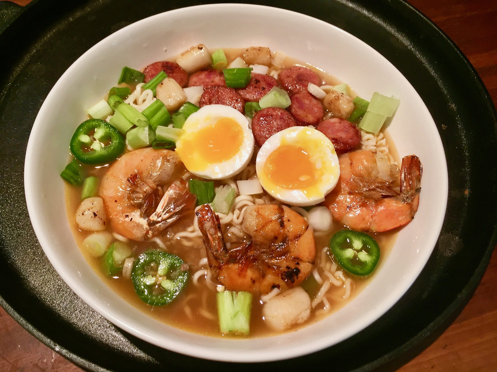 Spicy Ramen Noodles With Jumbo Shrimp And Seared Sausages Our Wild Savory Kitchen